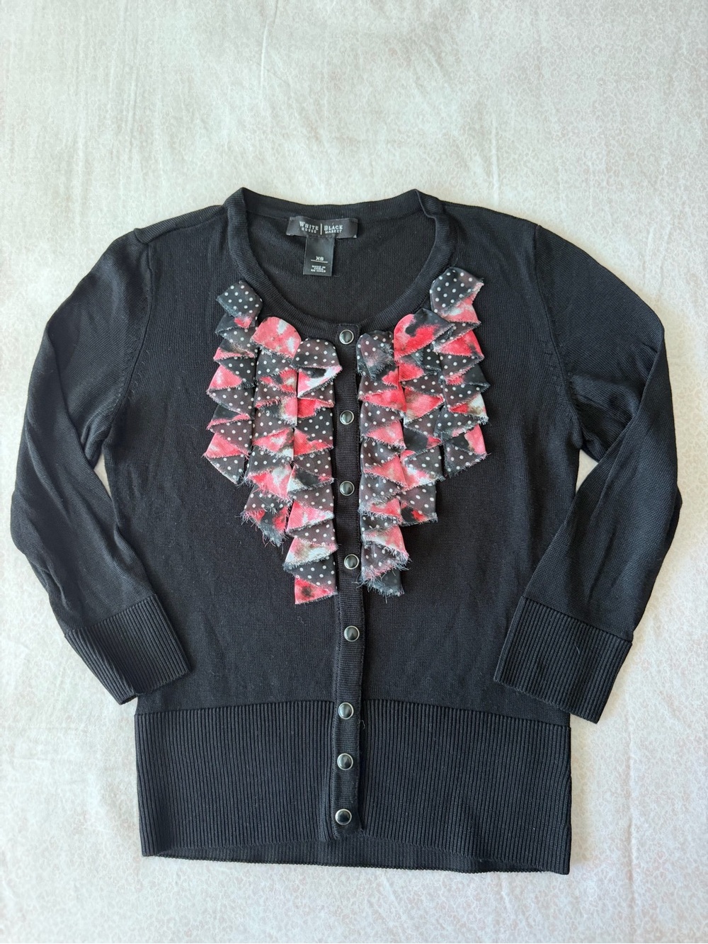 White House Black Market Black Cardigan with Pink Polka Dot Ruffle
